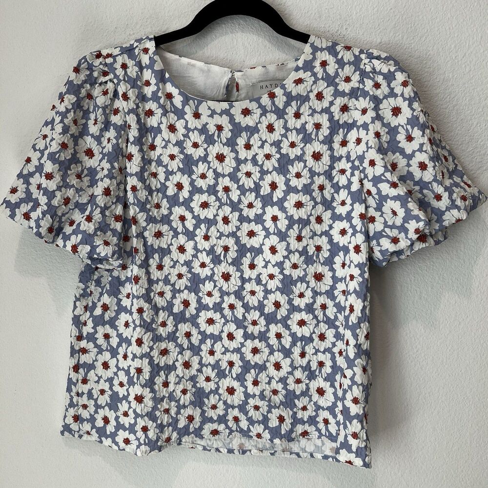 Hayden LA Boutique Crepe White Daisy Floral Short Puff Sleeve Blouse Sz S
